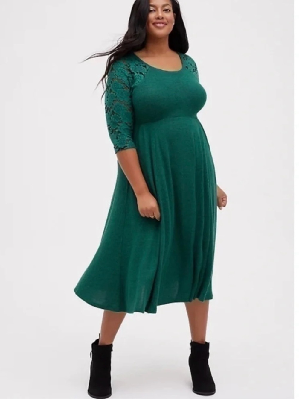 Torrid Super Soft Plush Emerald Green Lace 3/4 Sleeve Midi Skater Dress Size 1X